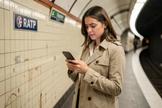 Femme consultant l'application RATP Info sur son smartphone sur un quai de métro parisien pour anticiper les perturbations de transport