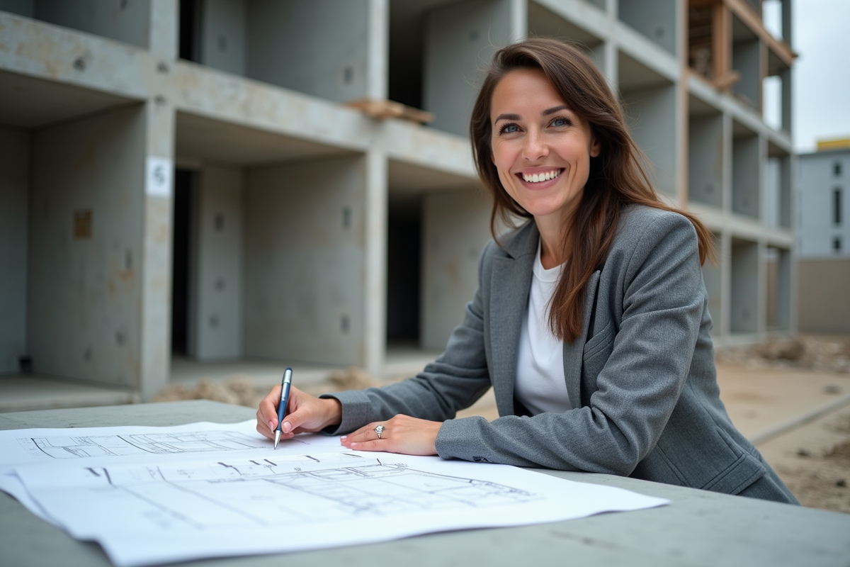 Femme architecte examinant des plans sur un chantier