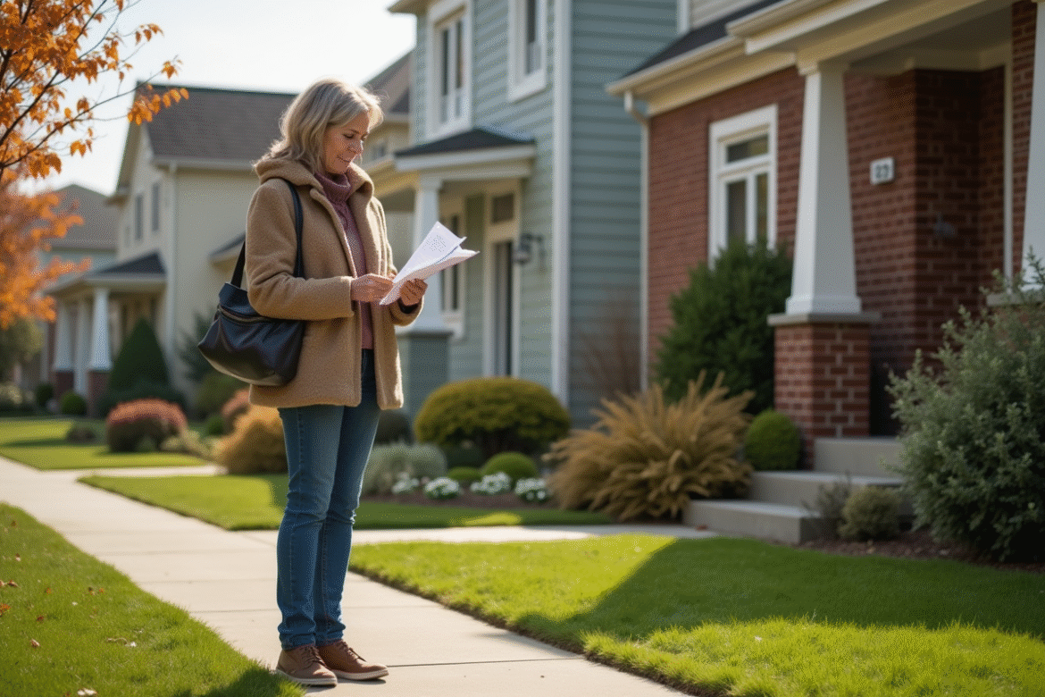 Femme d'âge moyen regardant des documents devant une maison de banlieue