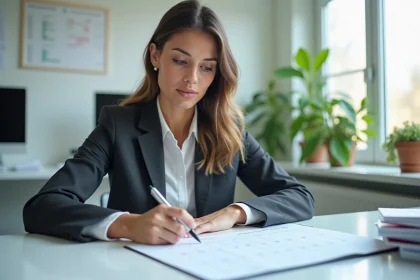 Femme professionnelle marquant des jours sur un calendrier au bureau