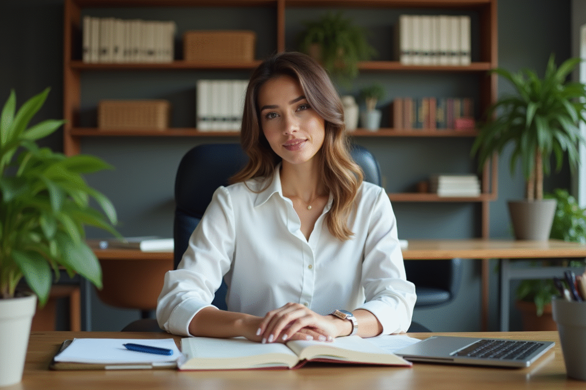 Jeune femme en bureau à domicile avec plantes et livres