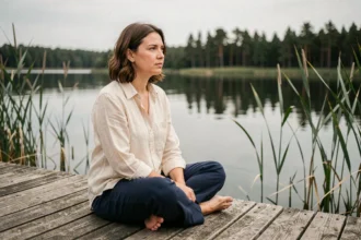 Femme introspective née sous le signe du Cancer assise sur un ponton en bois au bord d'un lac calme, illustrant la sensibilité et la profondeur émotionnelle du signe astrologique Cancer du 4 juillet