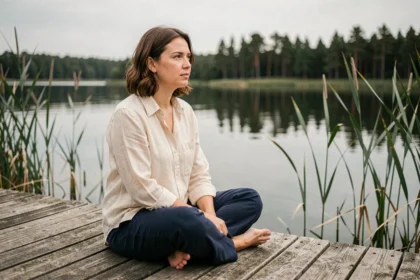 Femme introspective née sous le signe du Cancer assise sur un ponton en bois au bord d'un lac calme, illustrant la sensibilité et la profondeur émotionnelle du signe astrologique Cancer du 4 juillet
