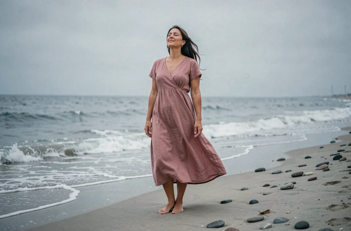 Femme signe Cancer debout pieds nus sur une plage venteuse les yeux fermés, évoquant l'intuition émotionnelle et la connexion à l'eau caractéristiques des natifs du Cancer nés le 4 juillet