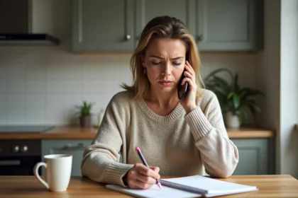 Femme d'âge moyen en détente à la maison avec téléphone
