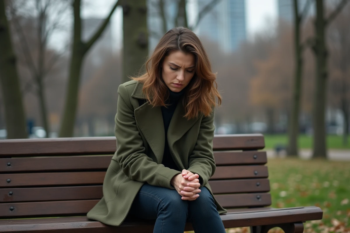 Femme assise seule sur un banc de parc en automne, exprimant la colère et la douleur après une trahison amoureuse