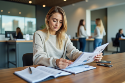 Femme comparant brochures dans une agence bancaire moderne