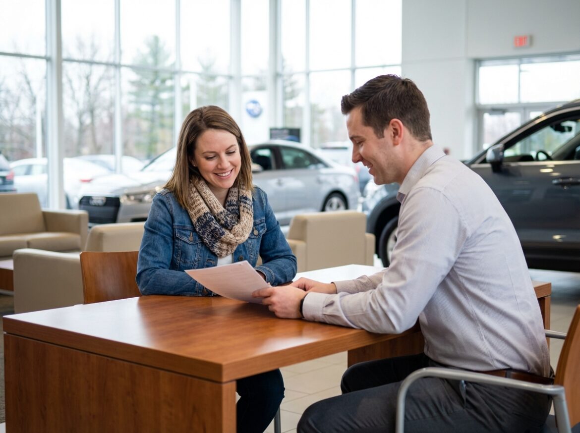 Femme souriante en concession automobile moderne