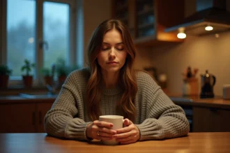 Femme contemplative au lever du jour tenant une tasse, symbolisant la transformation intérieure et la signification amoureuse de 05h55