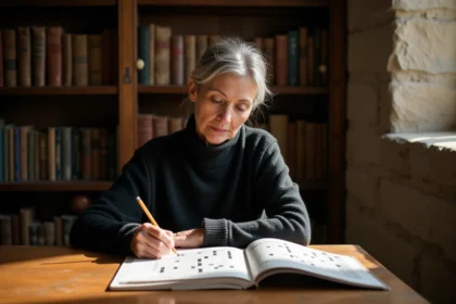 Femme concentrée résolvant un puzzle dans une bibliothèque ancienne