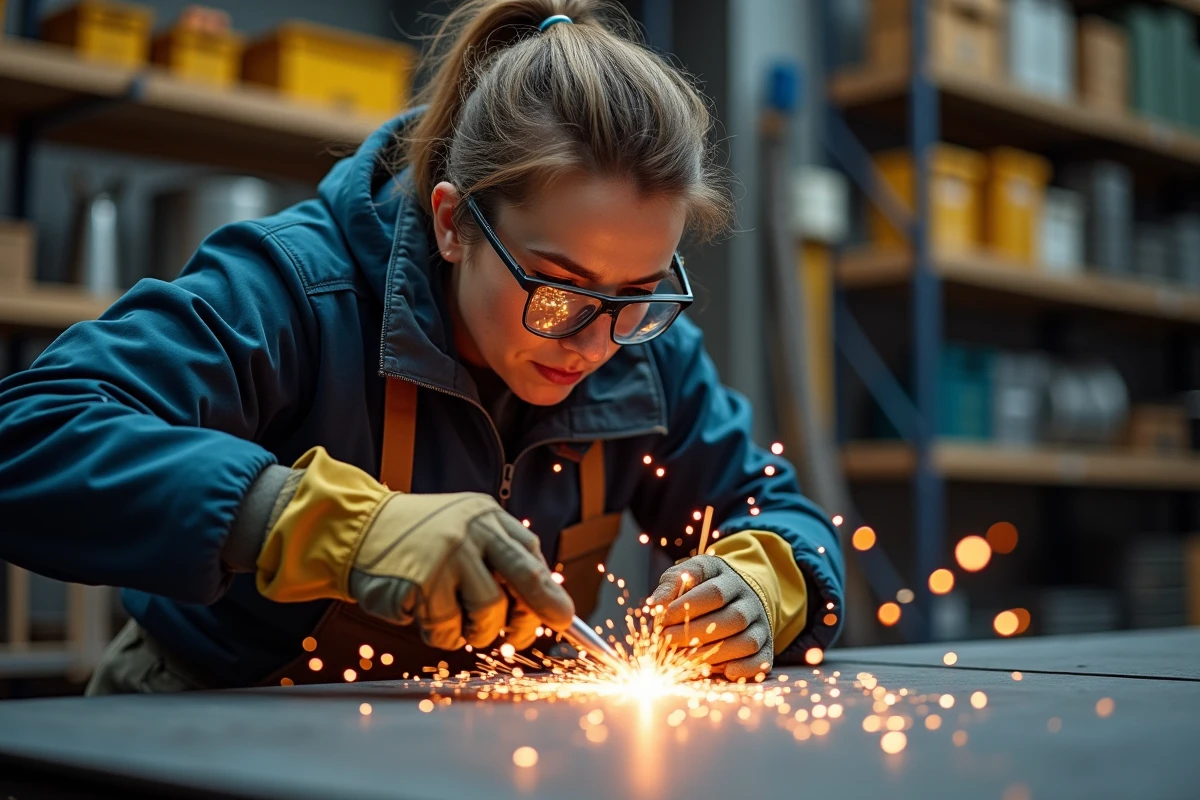 Femme bricoleure utilisant une découpeuse plasma professionnelle sur tôle acier dans un atelier de travail du métal organisé