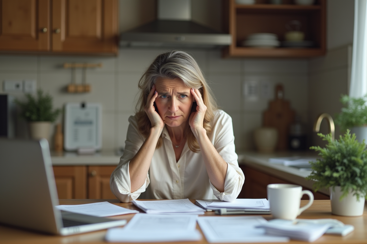 Femme stressée travaillant seule à la maison
