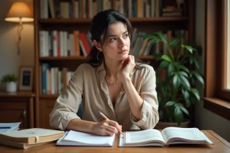 Femme étudiant la grammaire française avec des livres ouverts et des notes manuscrites sur un bureau en bois