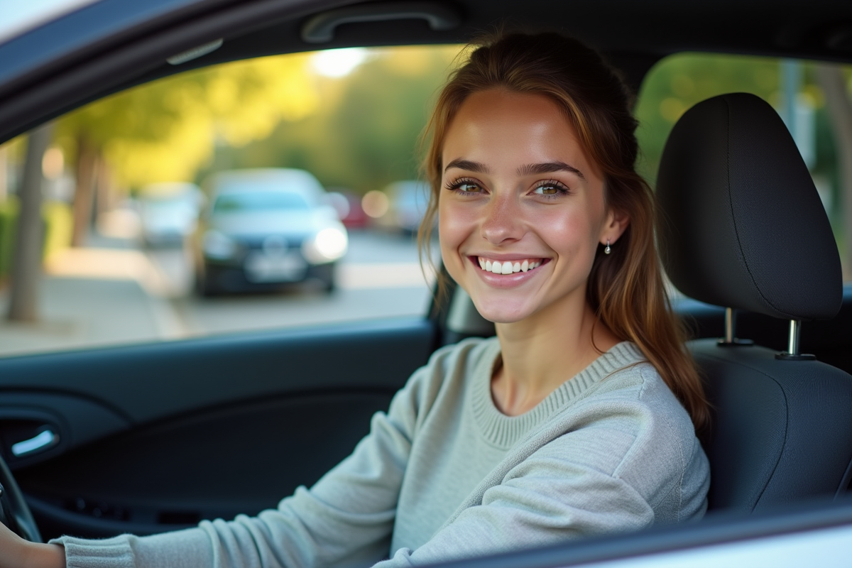 Jeune femme dans sa voiture en quartier résidentiel