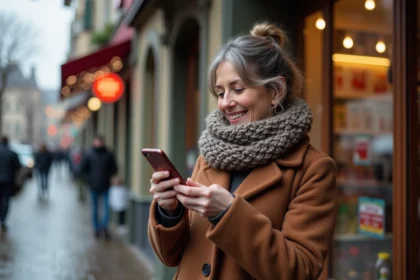 Femme d'âge moyen regardant son téléphone devant un supermarche en ville