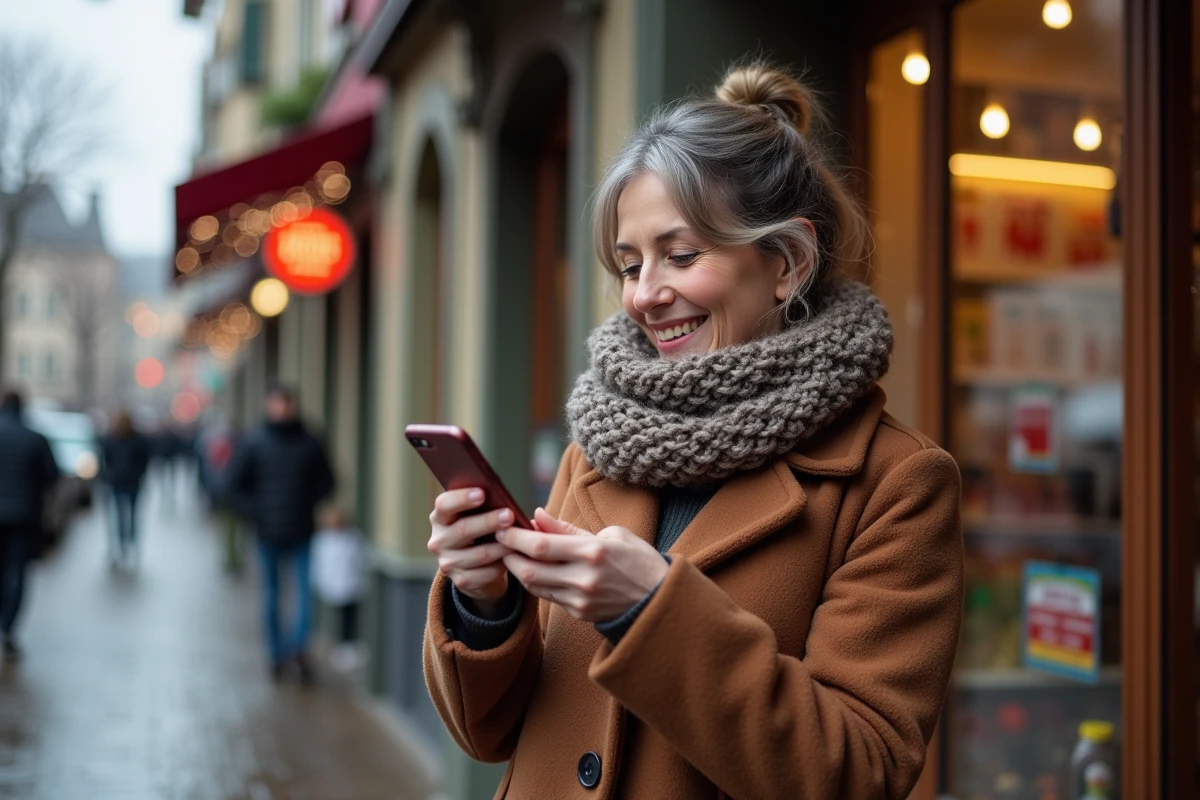Femme d'âge moyen regardant son téléphone devant un supermarche en ville