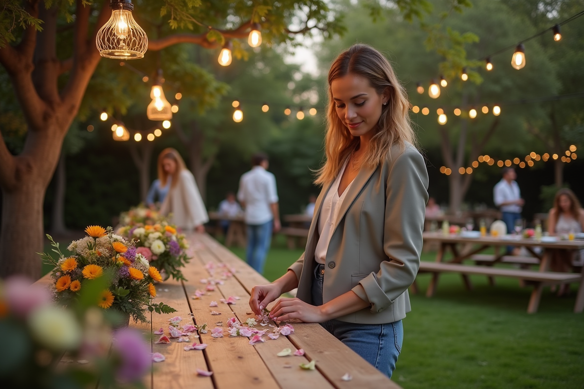 Femme arrangeant des fleurs dans un jardin festif en soirée