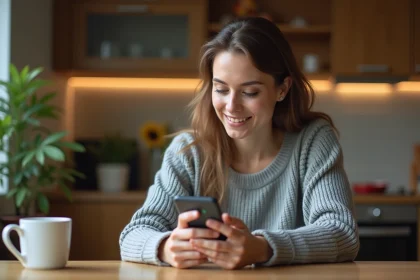 Femme jouant à 4 Images 1 Mot sur smartphone à une table en bois dans une cuisine moderne
