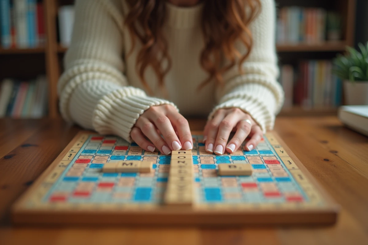 Femme posant une tuile Scrabble avec les lettres W et Z sur un plateau de jeu en bois