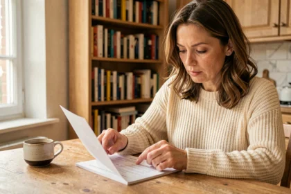 Femme lisant attentivement la liste des étoiles francelecture net à une table en bois avec des livres en arrière-plan