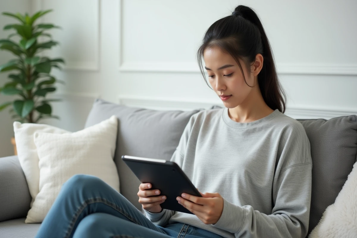 Femme lisant un scan de manga sur tablette dans un salon moderne et sécurisé