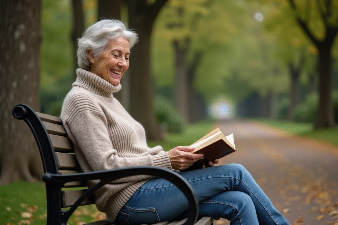 Femme lisant dans un parc en sweater laine