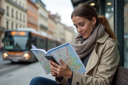 Femme avec carte de Lyon et smartphone en ville