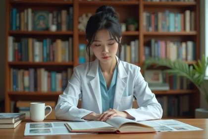 Femme médecin lisant des volumes de manga de L'Impérieux Destin du docteur Elise à son bureau d'étude