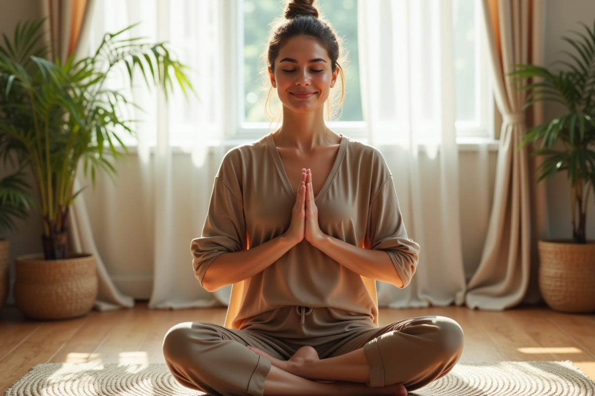 Femme méditant en yoga dans une ambiance naturelle