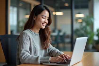 Jeune femme souriante utilisant un ordinateur dans un bureau moderne