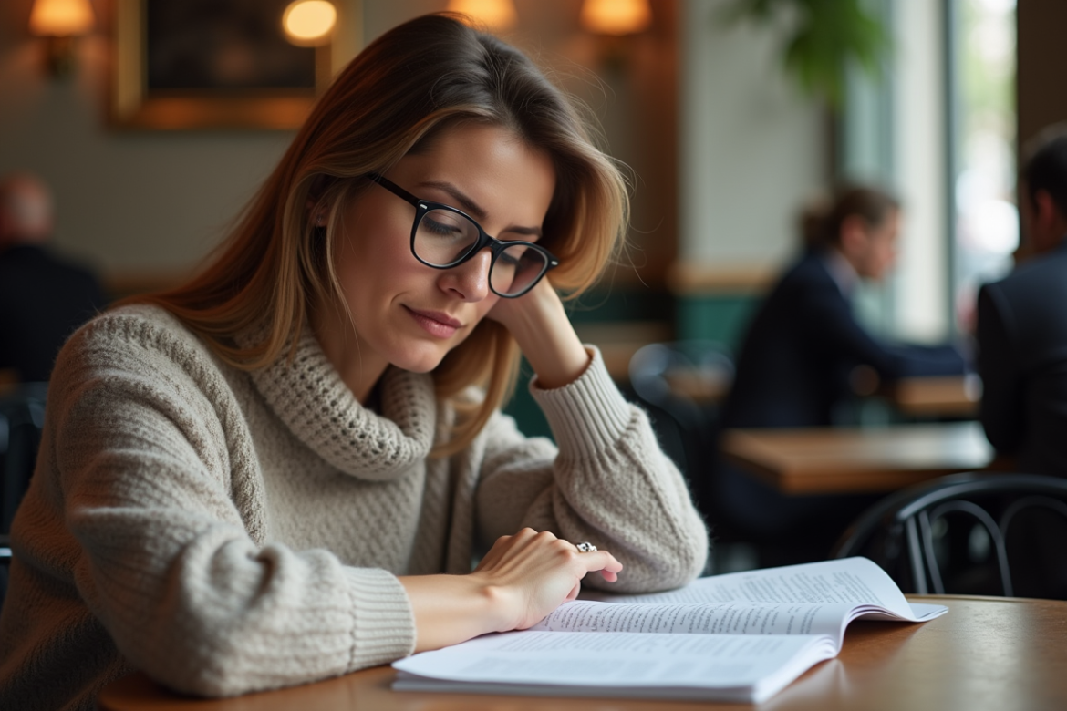 Femme française concentrée lisant des notes dans un café parisien