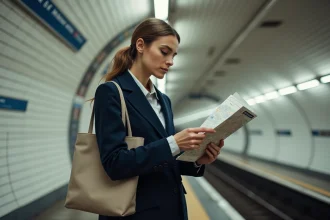 Femme consultant un plan du métro ligne 10 sur le quai d'une station parisienne aux murs carrelés blancs