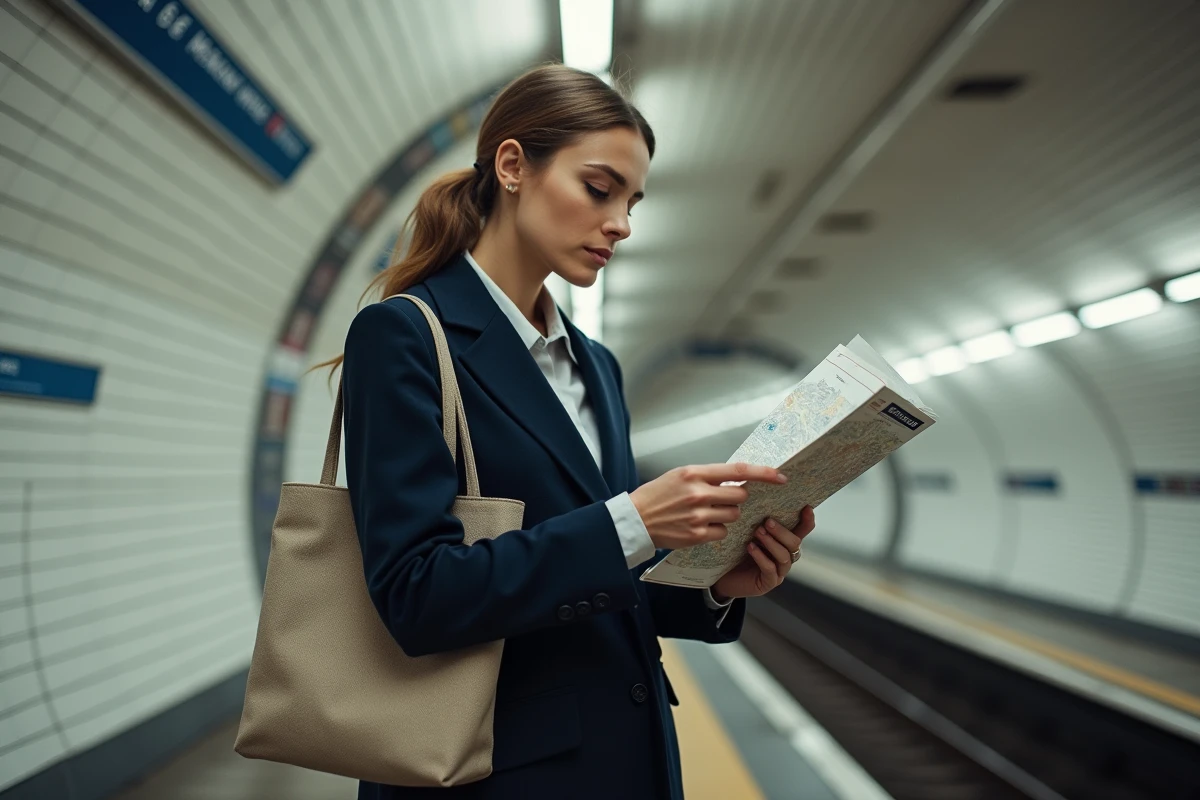 Femme consultant un plan du métro ligne 10 sur le quai d'une station parisienne aux murs carrelés blancs