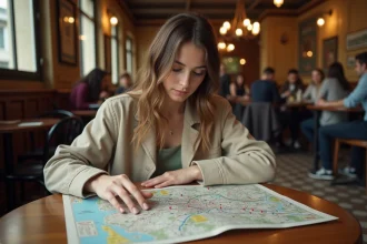 Femme consultant un plan de métro Paris imprimé dans un café parisien