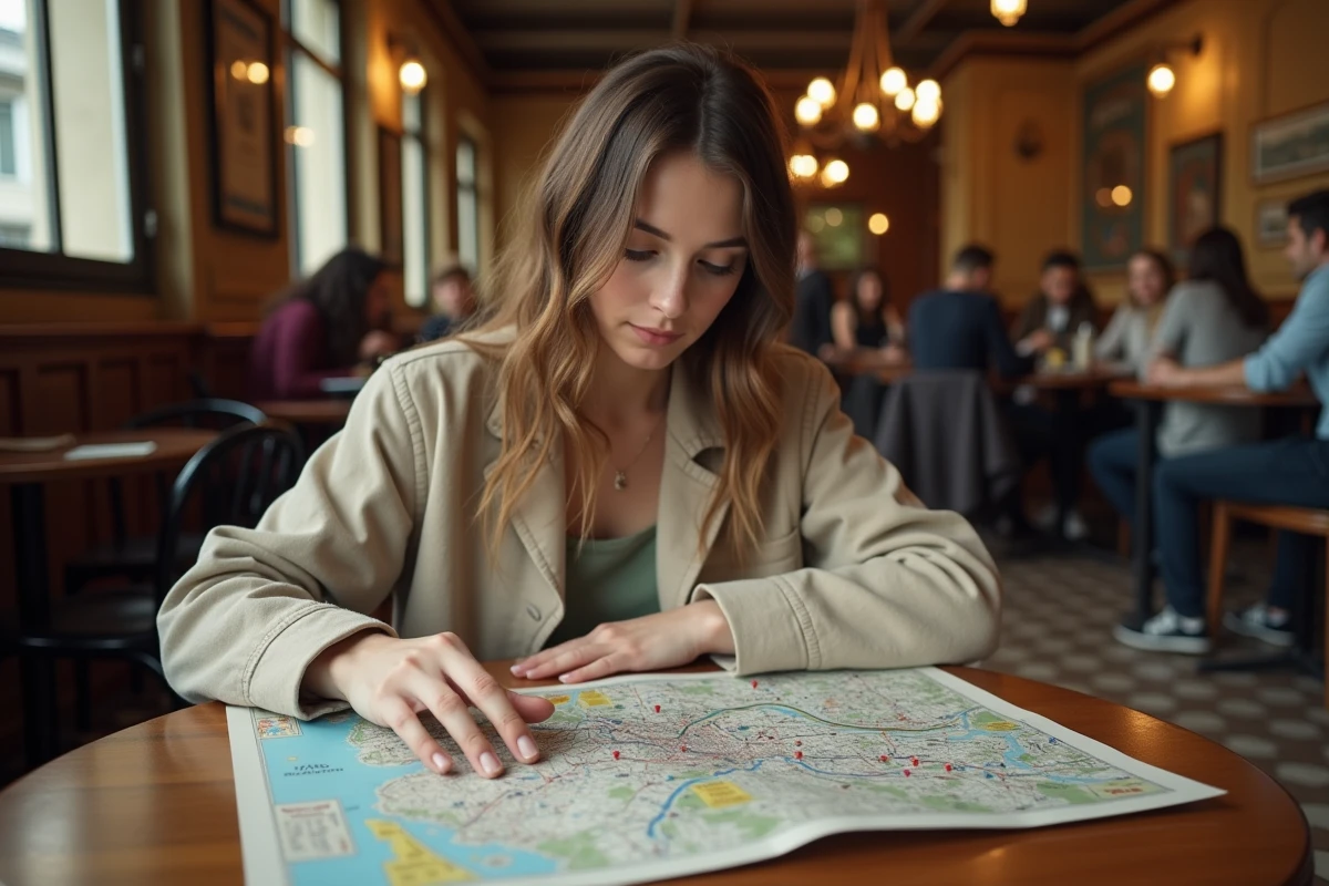 Femme consultant un plan de métro Paris imprimé dans un café parisien
