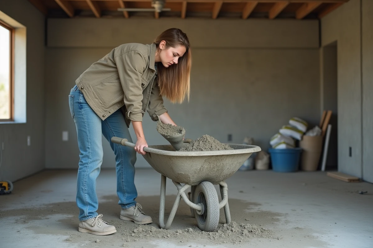 Jeune femme versant du béton dans un garage en construction