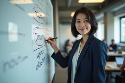 Femme d'affaires confiante dans un bureau moderne avec tableau blanc