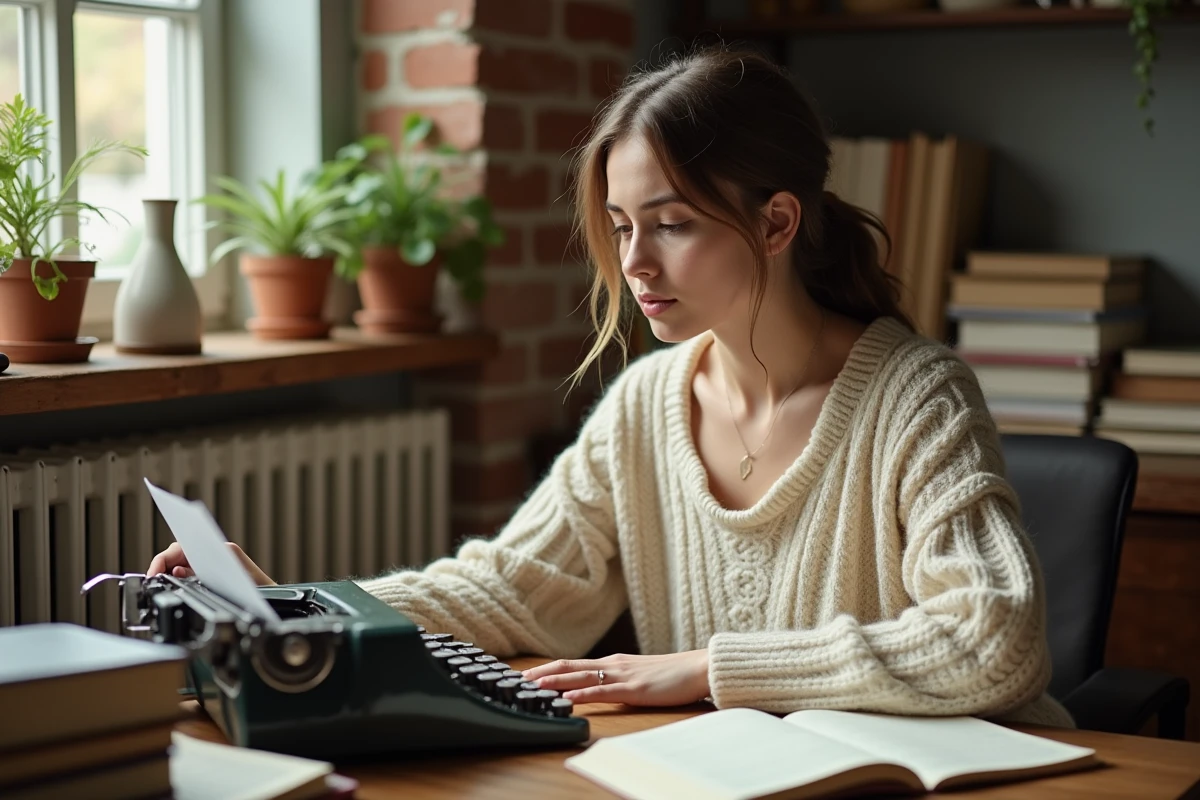 Jeune femme cherchant une rime en o devant une machine à écrire vintage avec un dictionnaire de rimes ouvert
