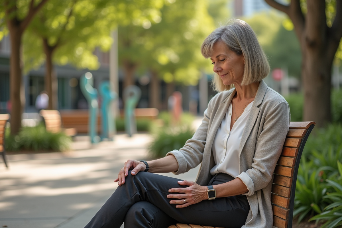 Femme examinant une chaise en bois dans un parc urbain