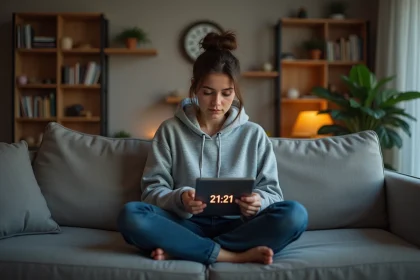 Jeune femme pensant avec tablette dans un salon moderne
