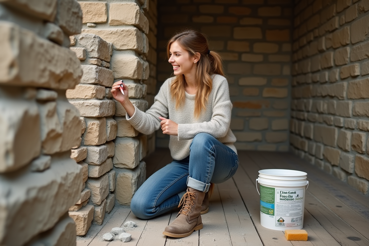 Jeune femme appliquant du mortier sur un mur en pierre intérieur