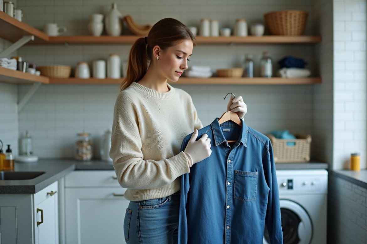 Jeune femme inspectant un vêtement d'occasion dans la buanderie