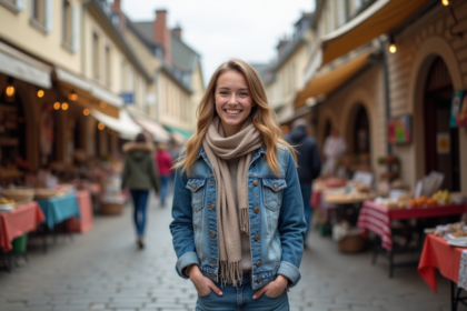 Jeune femme souriante dans un marché rural français