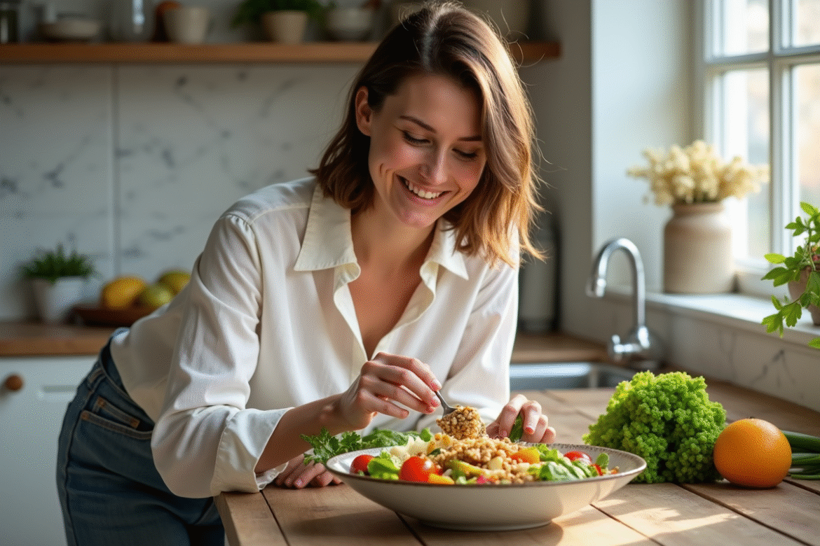 Femme souriante préparant une salade colorée dans une cuisine lumineuse