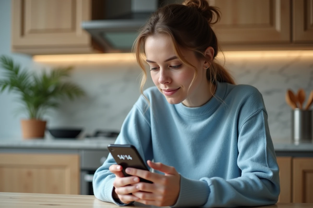 Jeune femme dans une cuisine moderne regardant sa montre