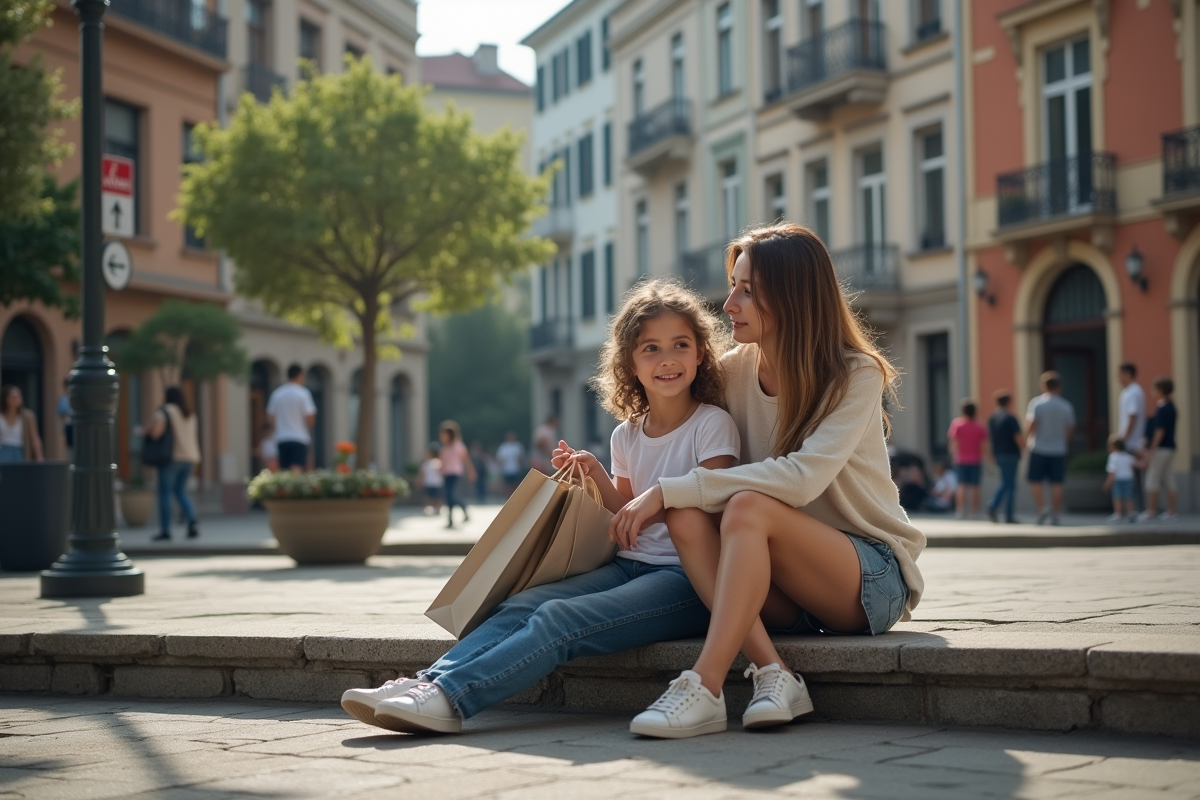 Femme avec sacs de shopping assise avec un enfant dans un parc