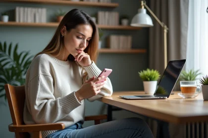 Femme assise à son bureau regardant son smartphone