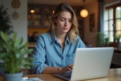 Femme concentrée travaillant sur son ordinateur à la maison