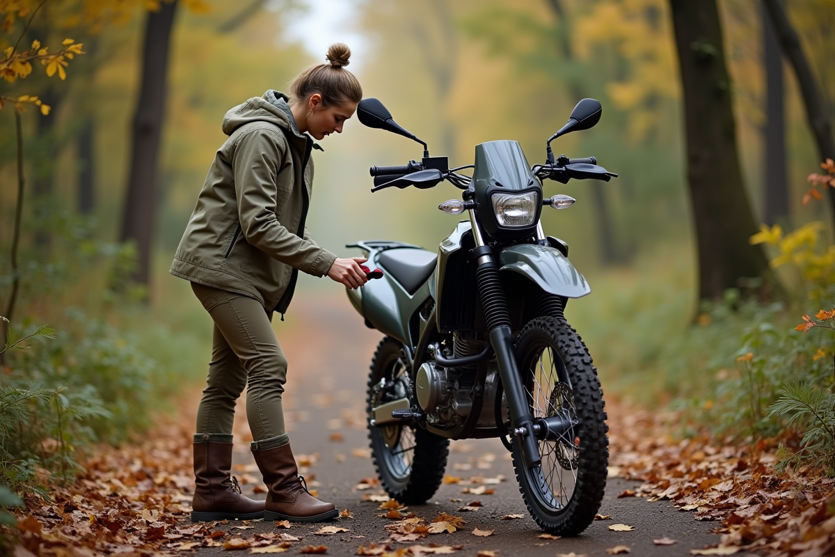 Femme vérifiant la pression des pneus de la moto en forêt