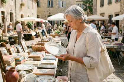 Femme examinant une assiette en céramique vintage sur un stand de vide grenier en plein air en Haute-Loire